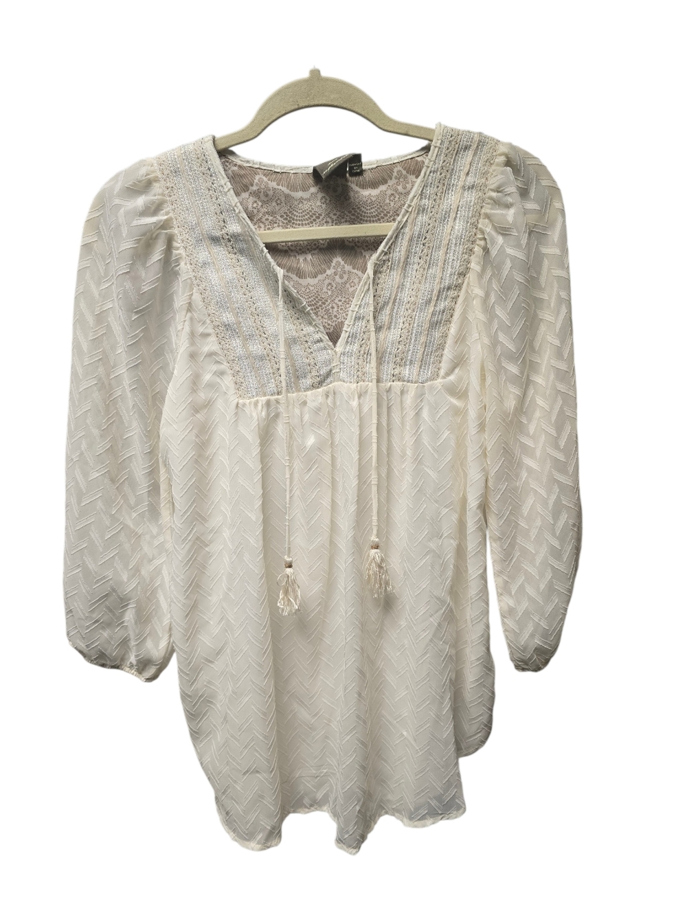 One September Ivory Popover Blouse Top Shirt-V Neck-Gold Accents-Sz.S
